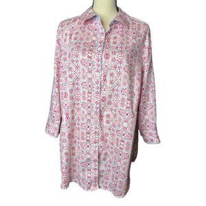 Foxcroft Tunic Blouse in Reddish Pink and Blue Floral Print Size 16W